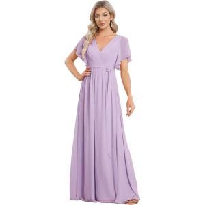 imageEverPretty Womens Bridesmaid Dress VNeck Ruffle Sleeves Ruched Bust Floor Length Chiffon Formal Dresses 0164AFrosted Lilac
