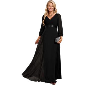 imageEverPretty Womens Chiffon ALine Floor Length V Neck Long Sleeves Pleated Formal Evening Dress 03890Black