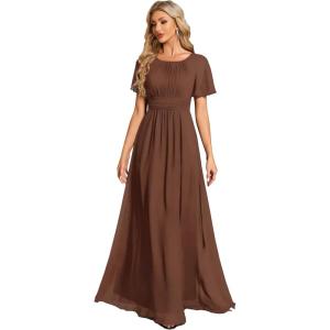 imageEverPretty Womens Classic Round Neck Short Sleeves Chiffon Floor Length Bridesmaid Dress 01840PHBrown