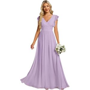 imageEverPretty Womens Flowy Chiffon A Line Ruffles Sleeves Back Cutout Bridesmaid Dresses 01819Forsted Lilac