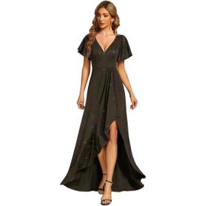 imageEverPretty Womens Glitter High Low Ruffled Hem VNeck Formal Dress with Sleeves 01738Army Green