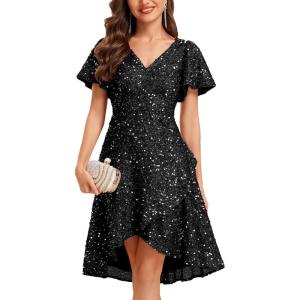 imageEverPretty Womens VNeck Short Sleeves A Line Empire Waist Sequin HighLow Evening Dresses 02401Black