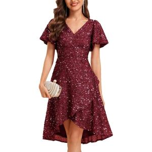 imageEverPretty Womens VNeck Short Sleeves A Line Empire Waist Sequin HighLow Evening Dresses 02401Burgundy