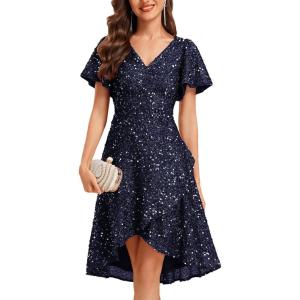 imageEverPretty Womens VNeck Short Sleeves A Line Empire Waist Sequin HighLow Evening Dresses 02401Navy Blue