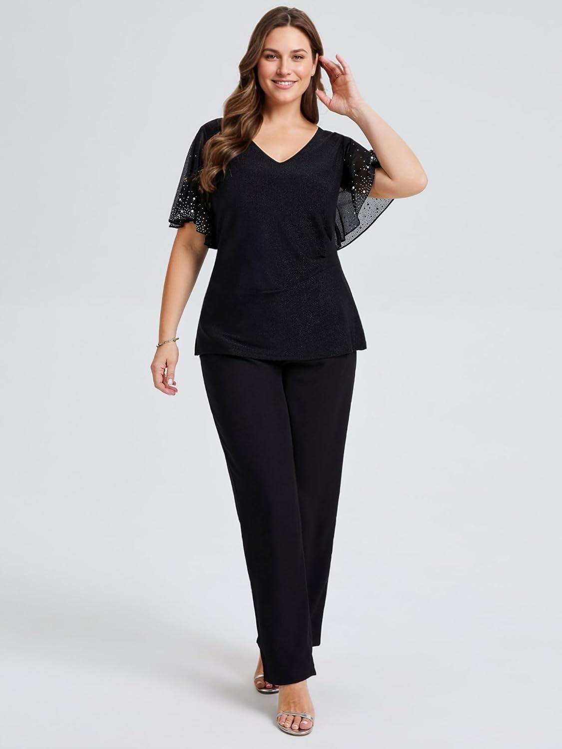 imageEverPretty Womens Classic Short Sleeves V Neck Evening Wedding Top Party Blouses Shirt 02445Black