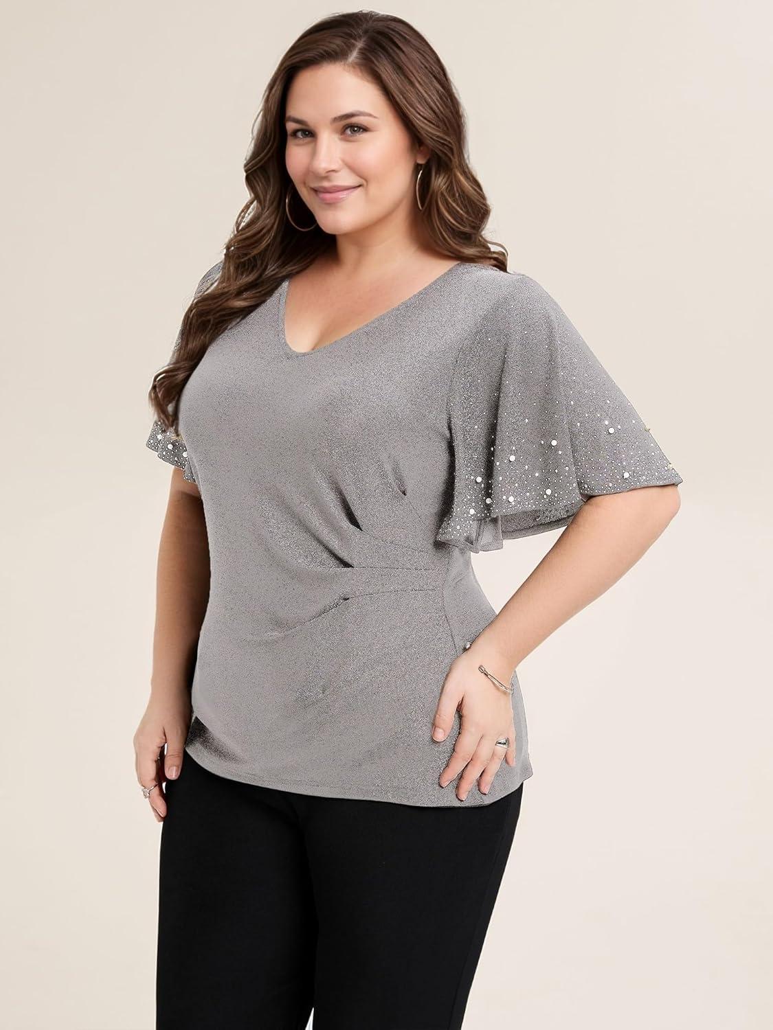 imageEverPretty Womens Classic Short Sleeves V Neck Evening Wedding Top Party Blouses Shirt 02445Grey