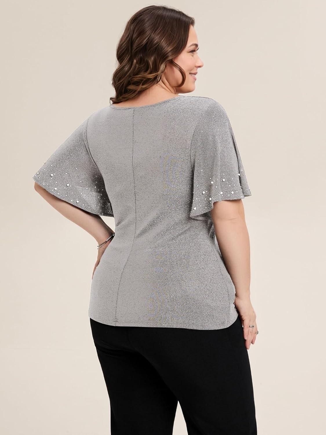 imageEverPretty Womens Classic Short Sleeves V Neck Evening Wedding Top Party Blouses Shirt 02445Grey
