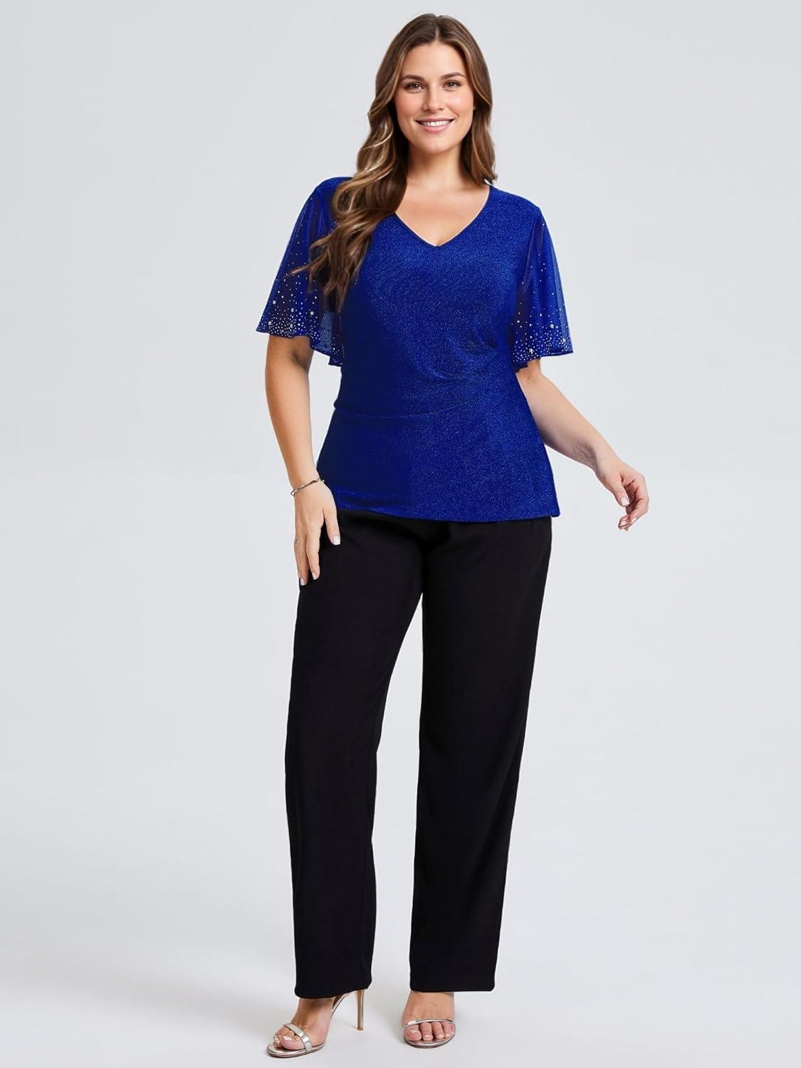imageEverPretty Womens Classic Short Sleeves V Neck Evening Wedding Top Party Blouses Shirt 02445Sapphire Blue
