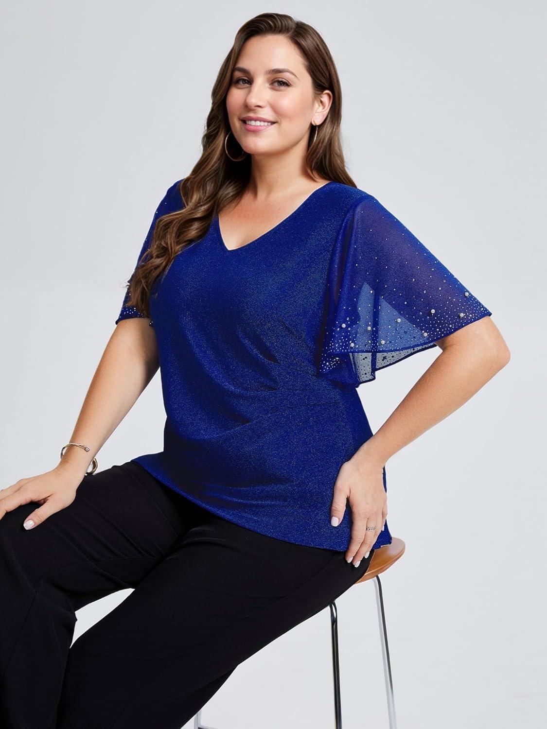imageEverPretty Womens Classic Short Sleeves V Neck Evening Wedding Top Party Blouses Shirt 02445Sapphire Blue