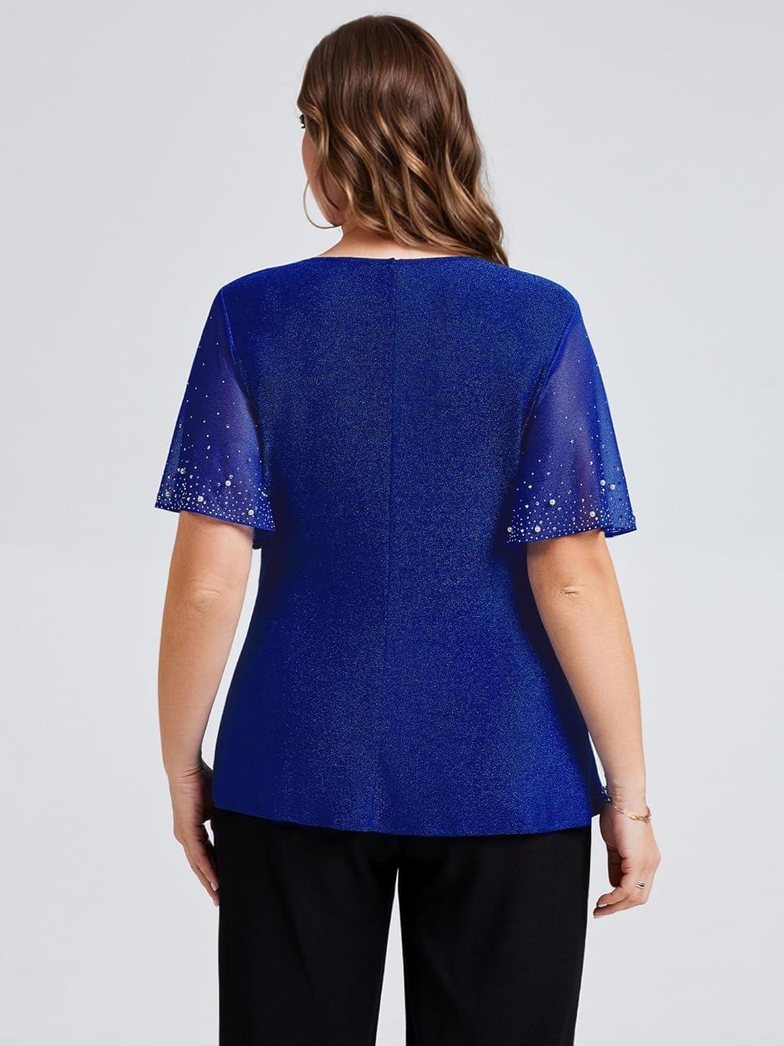 imageEverPretty Womens Classic Short Sleeves V Neck Evening Wedding Top Party Blouses Shirt 02445Sapphire Blue
