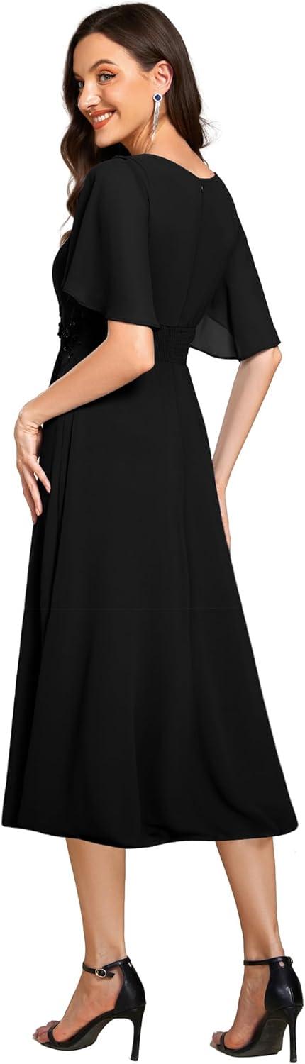 imageEverPretty Womens Round Neck Pleated Short Sleeves Appliques Aline Chiffon Midi Formal Evening Dresses 02961Black