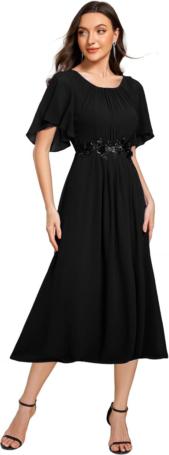 imageEverPretty Womens Round Neck Pleated Short Sleeves Appliques Aline Chiffon Midi Formal Evening Dresses 02961Black