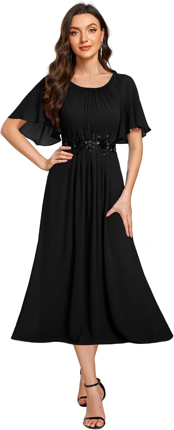imageEverPretty Womens Round Neck Pleated Short Sleeves Appliques Aline Chiffon Midi Formal Evening Dresses 02961Black