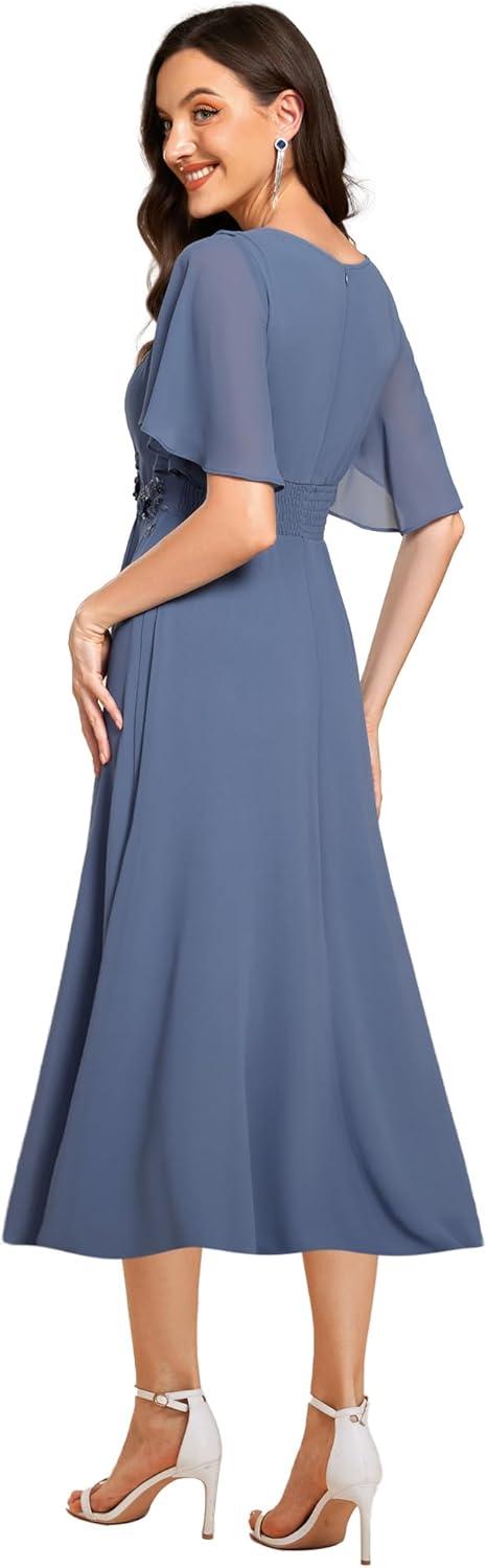 imageEverPretty Womens Round Neck Pleated Short Sleeves Appliques Aline Chiffon Midi Formal Evening Dresses 02961Dusty Blue