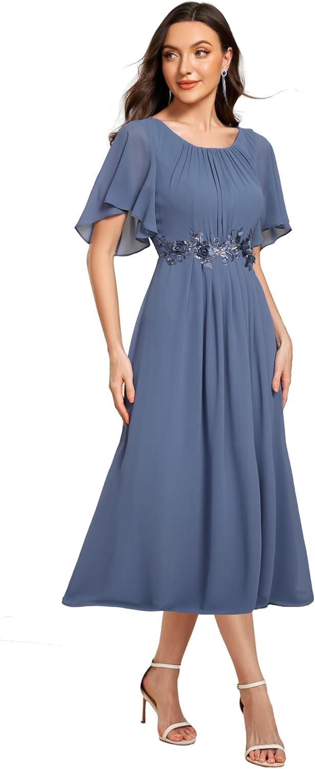 imageEverPretty Womens Round Neck Pleated Short Sleeves Appliques Aline Chiffon Midi Formal Evening Dresses 02961Dusty Blue