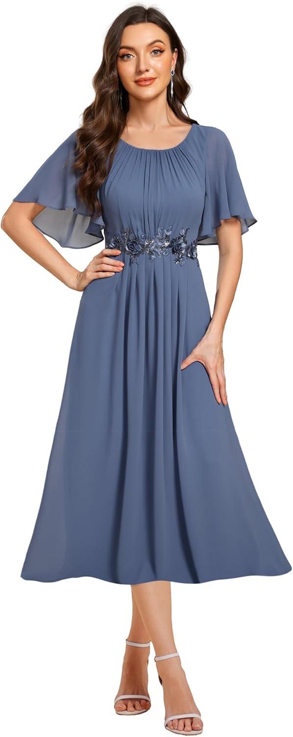 imageEverPretty Womens Round Neck Pleated Short Sleeves Appliques Aline Chiffon Midi Formal Evening Dresses 02961Dusty Blue