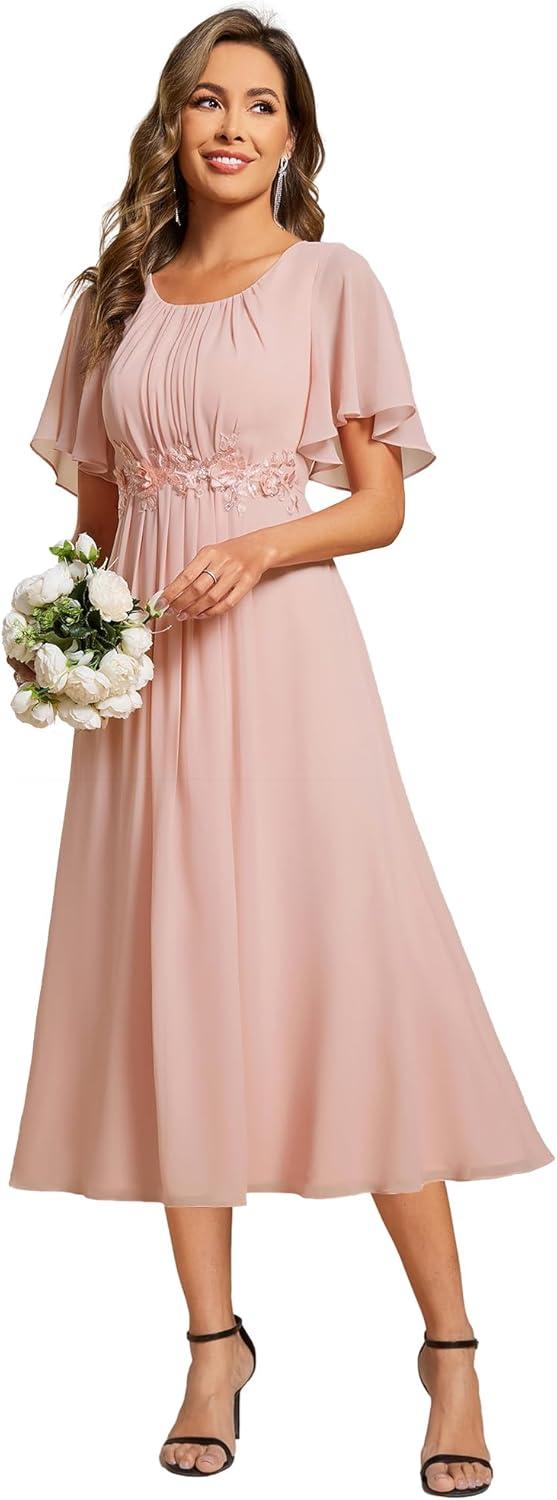 imageEverPretty Womens Round Neck Pleated Short Sleeves Appliques Aline Chiffon Midi Formal Evening Dresses 02961Pink