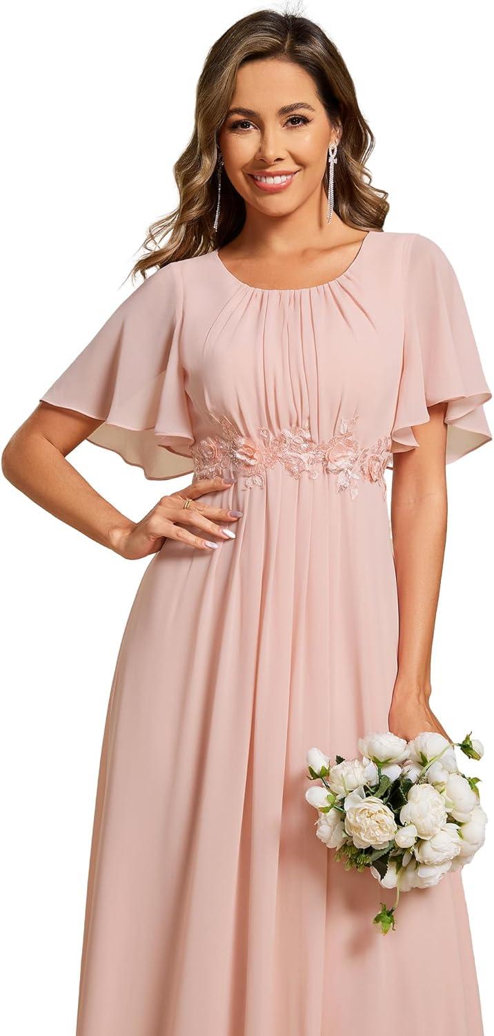 imageEverPretty Womens Round Neck Pleated Short Sleeves Appliques Aline Chiffon Midi Formal Evening Dresses 02961Pink