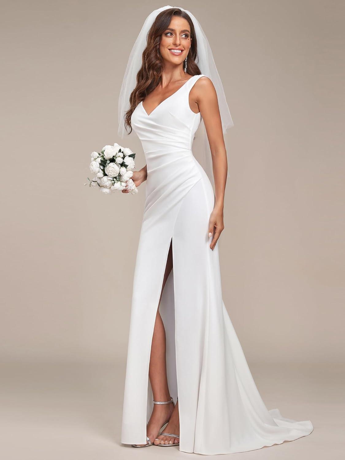 imageEverPretty Womens V Neck Sleeveless Bridal Wedding Dress with Slit Floor Length Mermaid Gown for Bride White 0121BWhite