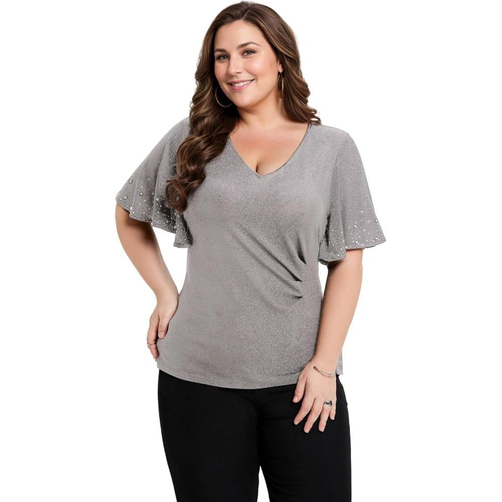 imageEverPretty Womens Classic Short Sleeves V Neck Evening Wedding Top Party Blouses Shirt 02445Grey