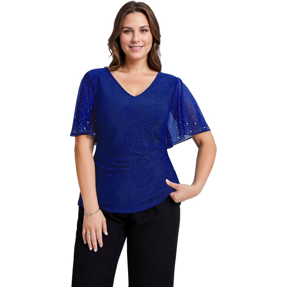 imageEverPretty Womens Classic Short Sleeves V Neck Evening Wedding Top Party Blouses Shirt 02445Sapphire Blue