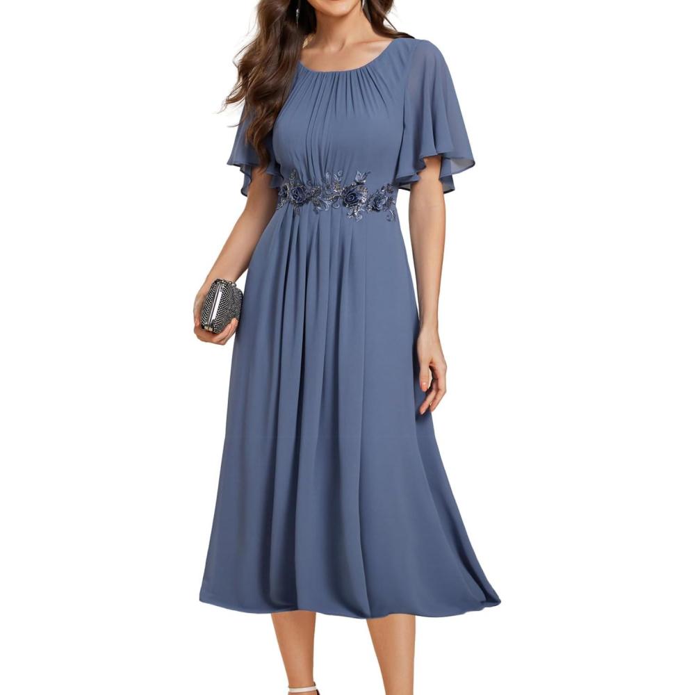imageEverPretty Womens Round Neck Pleated Short Sleeves Appliques Aline Chiffon Midi Formal Evening Dresses 02961Dusty Blue