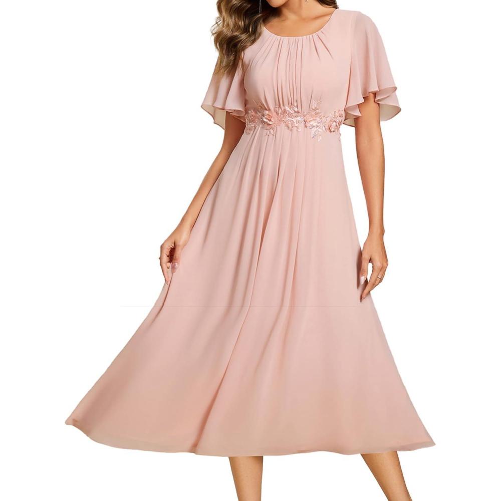 imageEverPretty Womens Round Neck Pleated Short Sleeves Appliques Aline Chiffon Midi Formal Evening Dresses 02961Pink