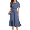 imageEverPretty Womens Round Neck Pleated Short Sleeves Appliques Aline Chiffon Midi Formal Evening Dresses 02961Dusty Blue
