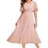 imageEverPretty Womens Round Neck Pleated Short Sleeves Appliques Aline Chiffon Midi Formal Evening Dresses 02961Pink