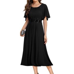 imageEverPretty Womens Round Neck Pleated Short Sleeves Appliques Aline Chiffon Midi Formal Evening Dresses 02961Black