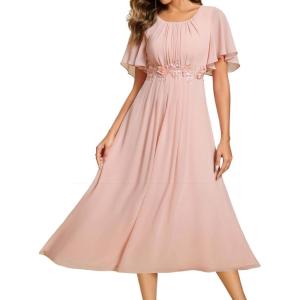 imageEverPretty Womens Round Neck Pleated Short Sleeves Appliques Aline Chiffon Midi Formal Evening Dresses 02961Pink