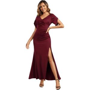imageEverPretty Womens V Neck Adjustable Zipper Side Slit Short Sleeves Maxi Length Mermaid Formal Dresses with Beaded 02483Burgundy