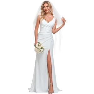 imageEverPretty Womens V Neck Sleeveless Bridal Wedding Dress with Slit Floor Length Mermaid Gown for Bride White 0121BWhite