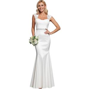 imageEverPretty Womens Elegant Lace Cap Sleeve V Neck Beading Mermaid Wedding Dresses for Bride 00218White