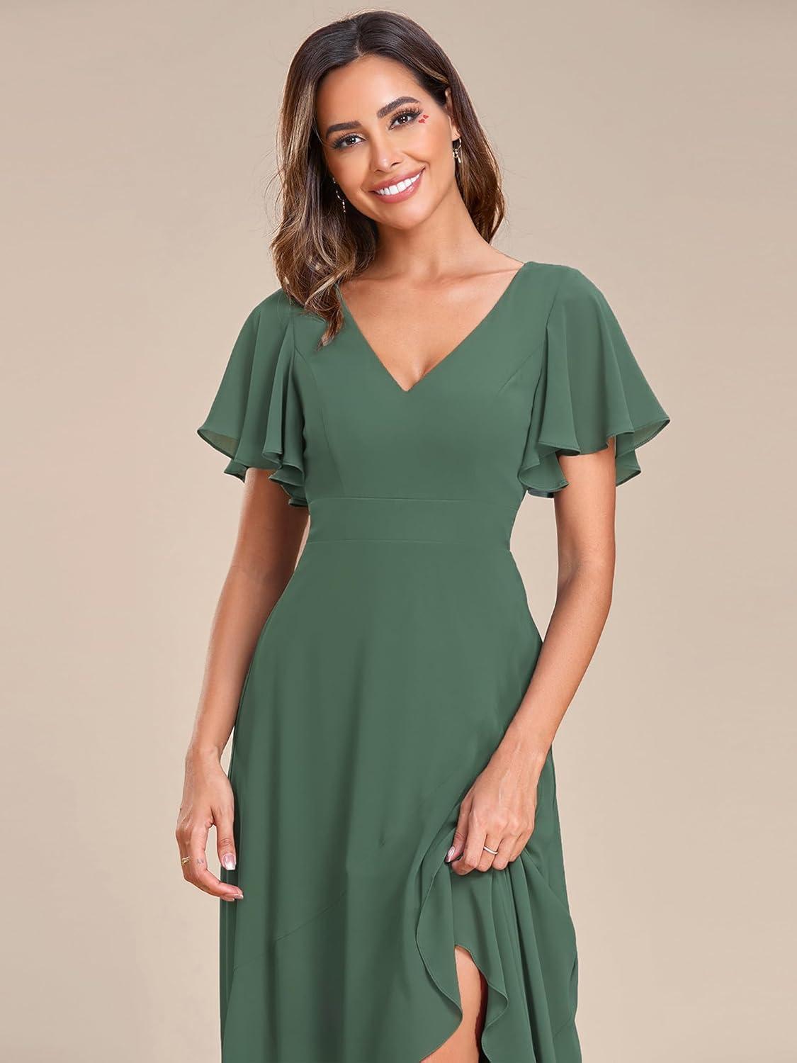 imageEverPretty Womens Double V Neck A Line Ruffle Hem Backless High Low Chiffon Bridesmaid Dresses 01749Eucalyptus Green
