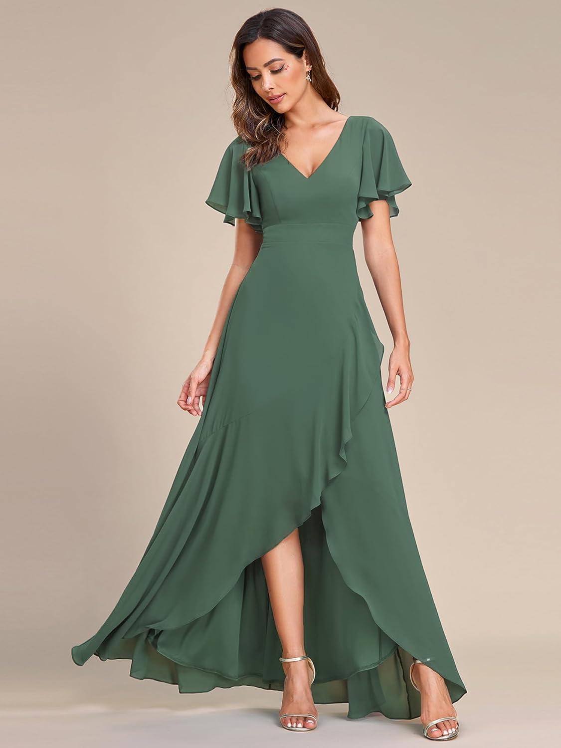 imageEverPretty Womens Double V Neck A Line Ruffle Hem Backless High Low Chiffon Bridesmaid Dresses 01749Eucalyptus Green