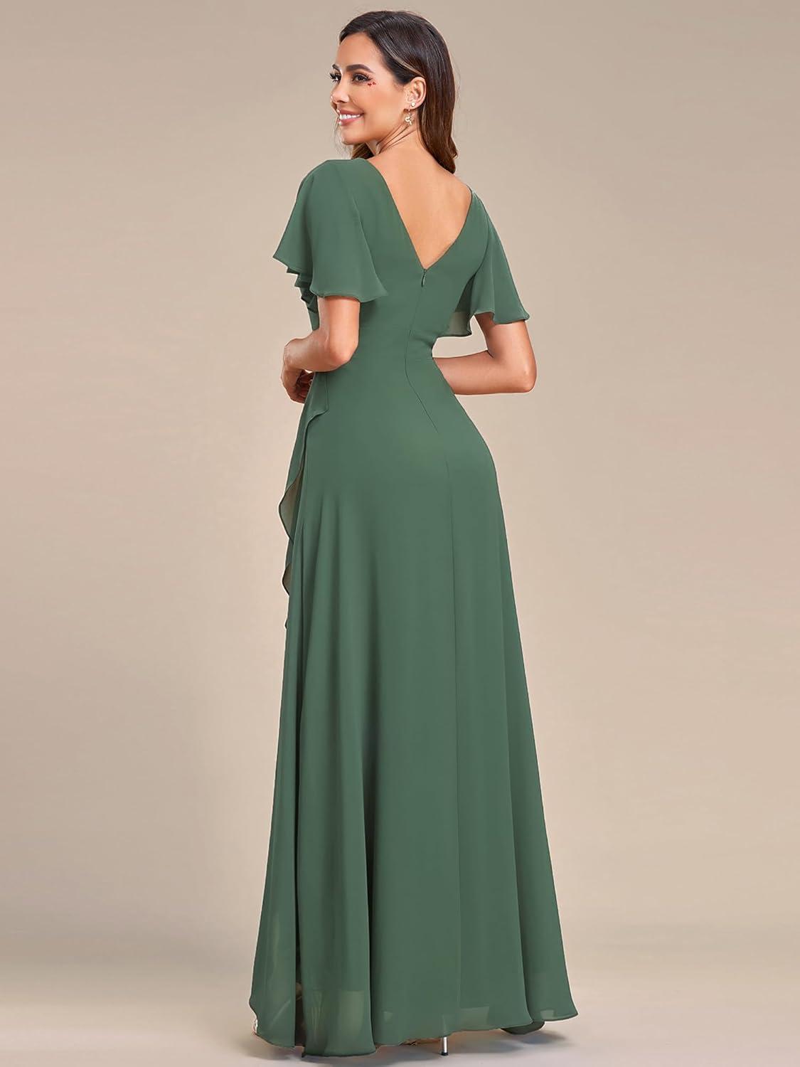 imageEverPretty Womens Double V Neck A Line Ruffle Hem Backless High Low Chiffon Bridesmaid Dresses 01749Eucalyptus Green