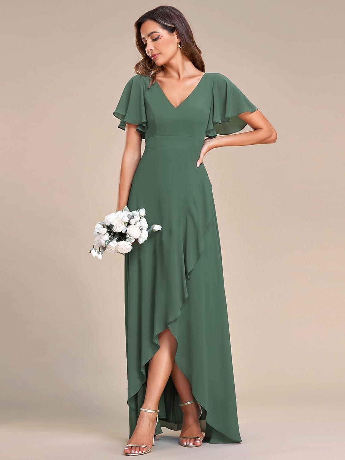 imageEverPretty Womens Double V Neck A Line Ruffle Hem Backless High Low Chiffon Bridesmaid Dresses 01749Eucalyptus Green