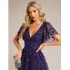 imageEverPretty Womens Elegant A Line Embroidery Tulle Sequins Short Sleeves Midi Wedding Guest Dress 02230Dark Purple