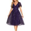 imageEverPretty Womens Elegant A Line Embroidery Tulle Sequins Short Sleeves Midi Wedding Guest Dress 02230Dark Purple