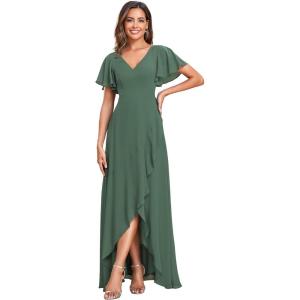 imageEverPretty Womens Double V Neck A Line Ruffle Hem Backless High Low Chiffon Bridesmaid Dresses 01749Eucalyptus Green