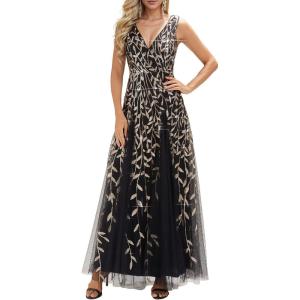imageEverPretty Womens Sexy Sleeveless VNeck Evening Gowns Empire Waist Sequin Embroidery Formal DressBlack Gold