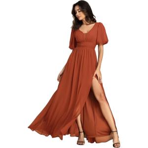 imageEverPretty Womens Sexy V Neck Front Slit A Line Short Sleeves Chiffon Formal Evening Dresses 01385Burnt Orange