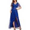 imageEverPretty Womens Shimmery Formal Dress V Neck Sequins ALine Side Slit Elegant Long Evening Dresses 02083Sapphire Blue