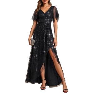 imageEverPretty Womens Shimmery Formal Dress V Neck Sequins ALine Side Slit Elegant Long Evening Dresses 02083Black