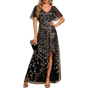 imageEverPretty Womens Shimmery Formal Dress V Neck Sequins ALine Side Slit Elegant Long Evening Dresses 02083Black Gold