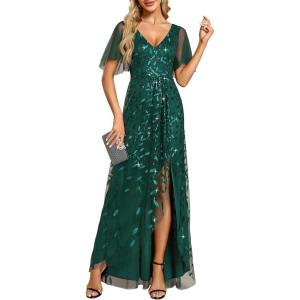 imageEverPretty Womens Shimmery Formal Dress V Neck Sequins ALine Side Slit Elegant Long Evening Dresses 02083Dark Green
