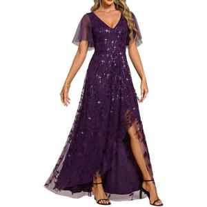 imageEverPretty Womens Shimmery Formal Dress V Neck Sequins ALine Side Slit Elegant Long Evening Dresses 02083Dark Purple