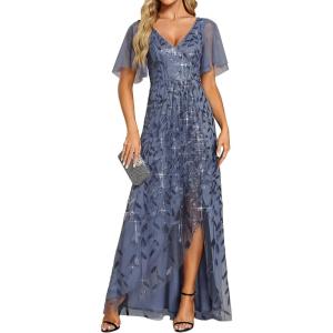 imageEverPretty Womens Shimmery Formal Dress V Neck Sequins ALine Side Slit Elegant Long Evening Dresses 02083Dusty Navy