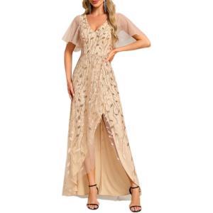 imageEverPretty Womens Shimmery Formal Dress V Neck Sequins ALine Side Slit Elegant Long Evening Dresses 02083Gold